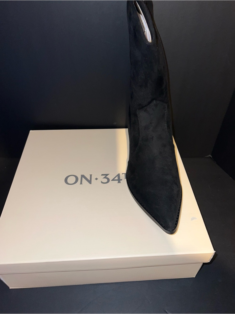 ON·34TH Black Suede Pointed-Toe Mid-Calf Heeled Boot - Picture 2 of 5